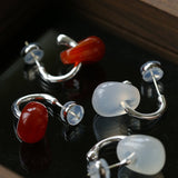Oval Natural Red Agate And White Agate C-Shaped Earrings