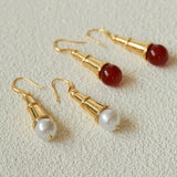 Geometric Cone Pearl & Red Agate Drop Earrings