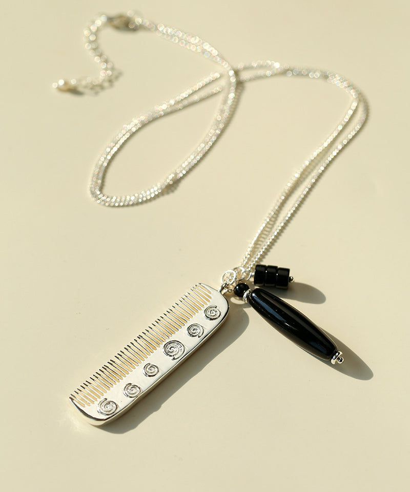 Carved Agate Comb Pendant Necklace