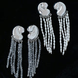 Sculptural Mirror Silver Conch Long Tassel Earrings