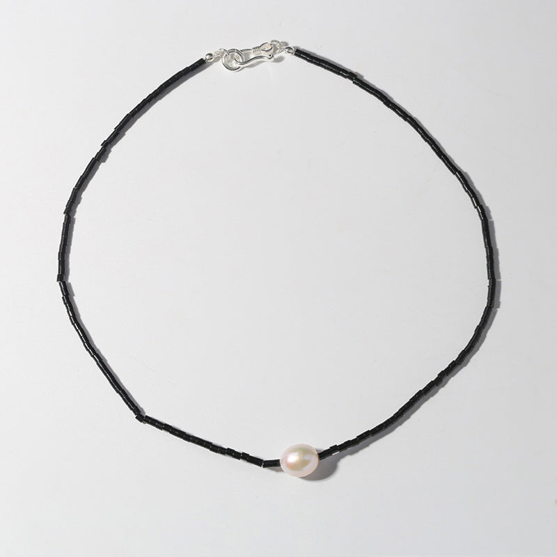 Vintage Black Agate Pearl Collarbone Necklace
