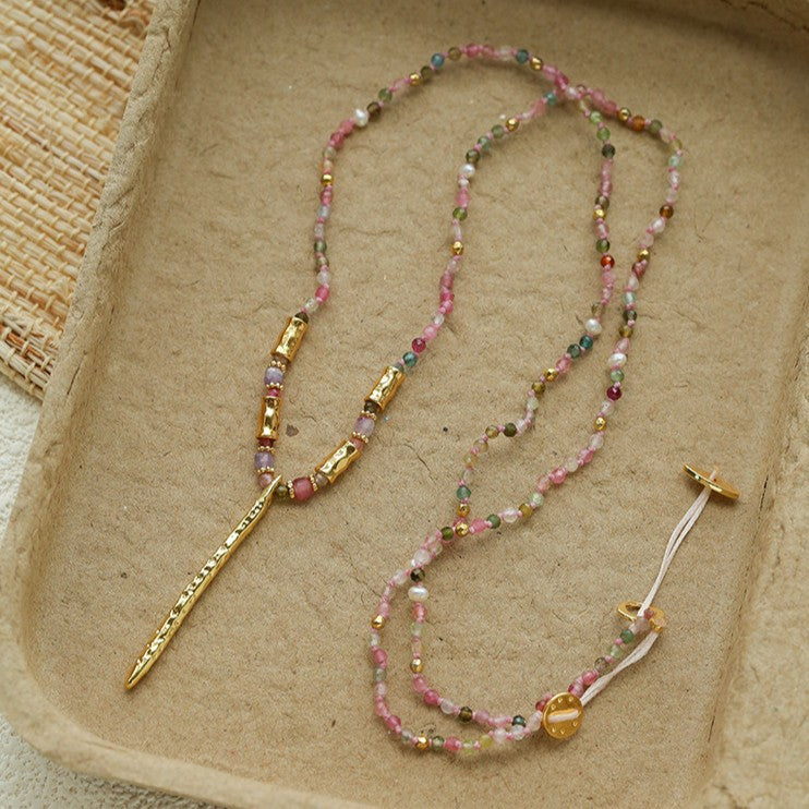 Hand‑Strung Micro‑Bead Hammered Slender Bar Pendant Necklace