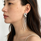 Sculptural Mirror Silver Conch Long Tassel Earrings