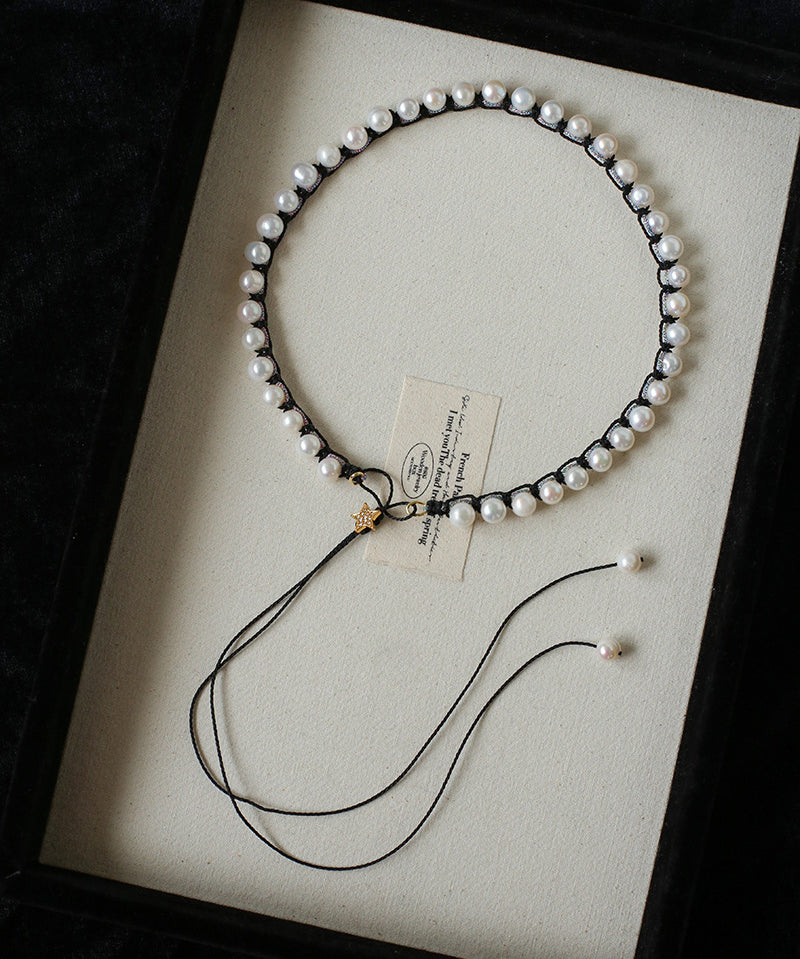 Luminous Star Adjustable Cord Pearl Necklace - Hand-Woven Floating Freshwater Pearl Choker