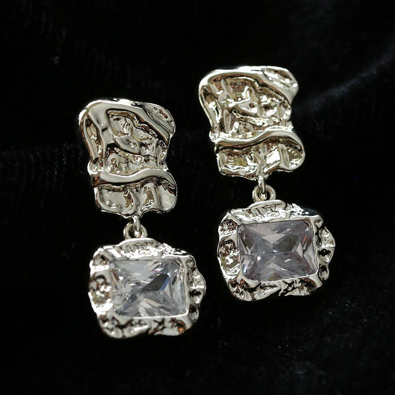 Lava Textured Square Cubic Zirconia Drop Earrings