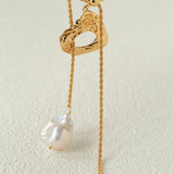 Adjustable Pull Texture Gold Hoop Double Baroque Pearl Y-Lariat Long Necklace