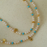 Original Design Freshwater Pearl & Blue Turquoise Tiny Flower Beaded Bracelet