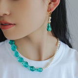Green Glaze Baroque Spliced Pearl Necklace Earrings