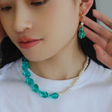 Green Glaze Baroque Spliced Pearl Necklace Earrings