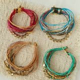 Multi-Strand Boho Woven Cord Natural Stone Coin Bracelet