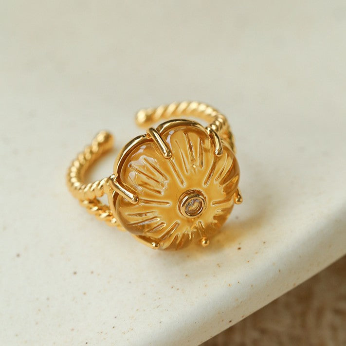 Handcrafted Glass Flower Dome Ring - 18K Gold Plated Brass Romantic Floral Adjustable Ring