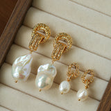 Vintage Lava Textured Double Interlock Ring Pearl Drop Earrings