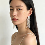 Textured Silver Vertical Stripe Shell Fringe Tassel Drop Earrings