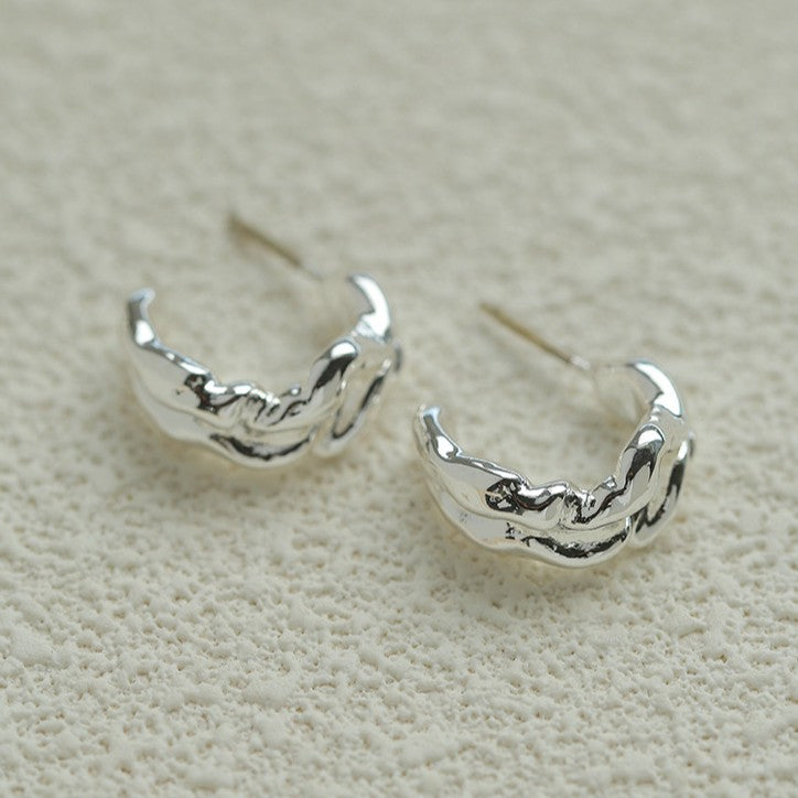 Irregular Textured C-Hoop Cubic Zirconia Earrings