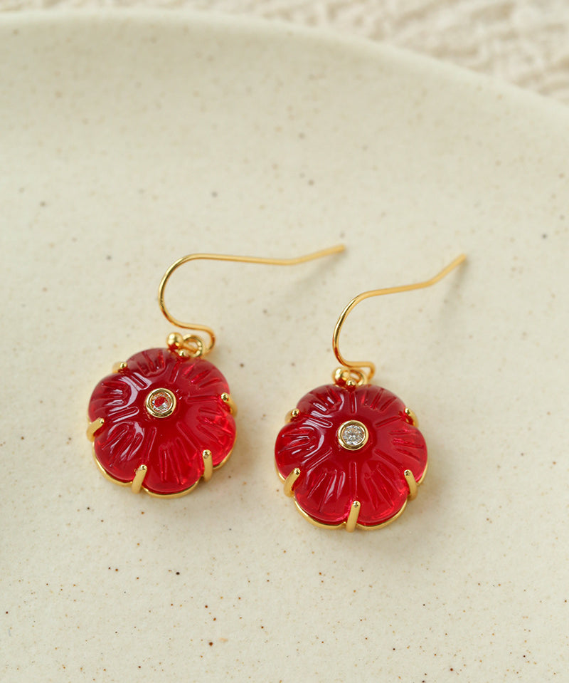 Hand-Carved Glass Flower Drop Earrings