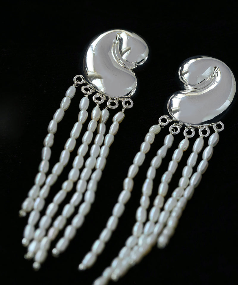 Sculptural Mirror Silver Conch Long Tassel Earrings