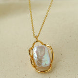 Hollow Lace Frame Baroque Pearl Pendant Necklace - Gold