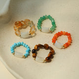 Colorful White Shell Cat‑Head Stretch Beaded Ring