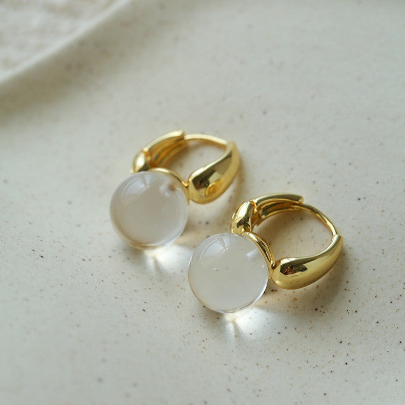 French Vintage Glaze Orb Drop Earrings - Handcrafted 18K Gold Plated Geometric Huggie Hoops
