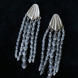Textured Silver Vertical Stripe Shell Fringe Tassel Drop Earrings