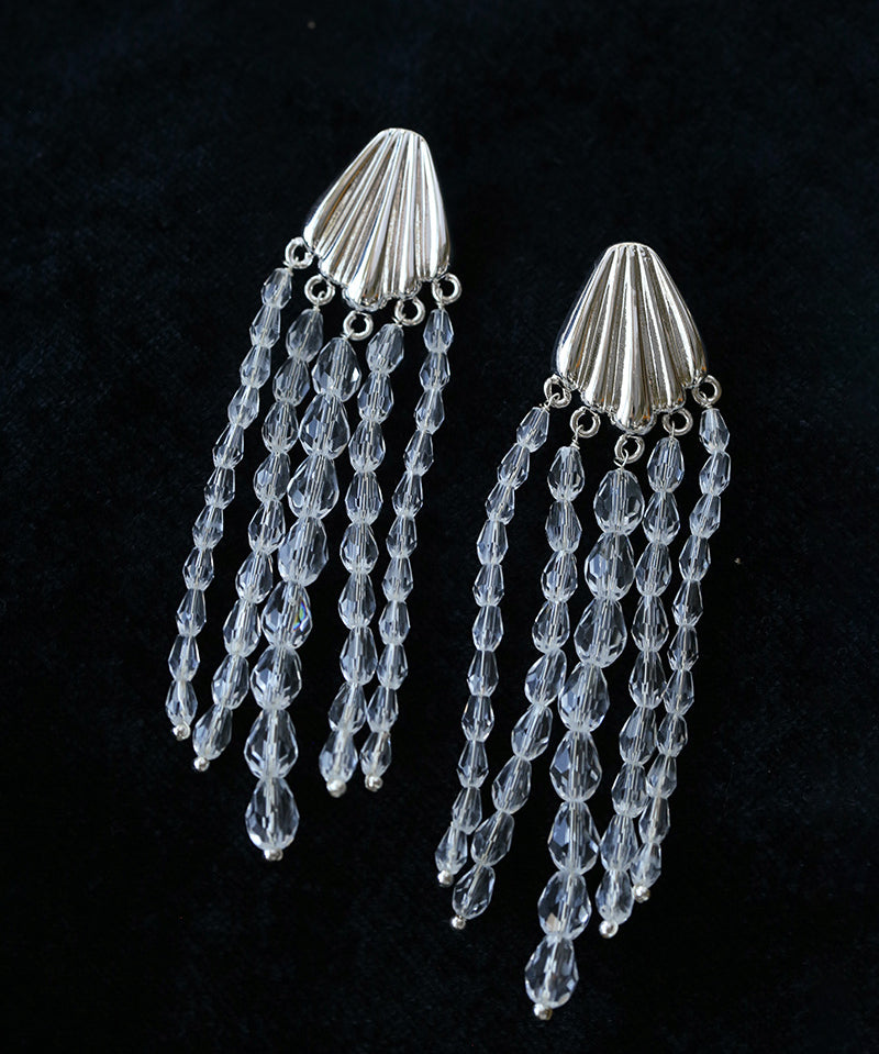 Textured Silver Vertical Stripe Shell Fringe Tassel Drop Earrings