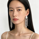 Textured Silver Vertical Stripe Shell Fringe Tassel Drop Earrings
