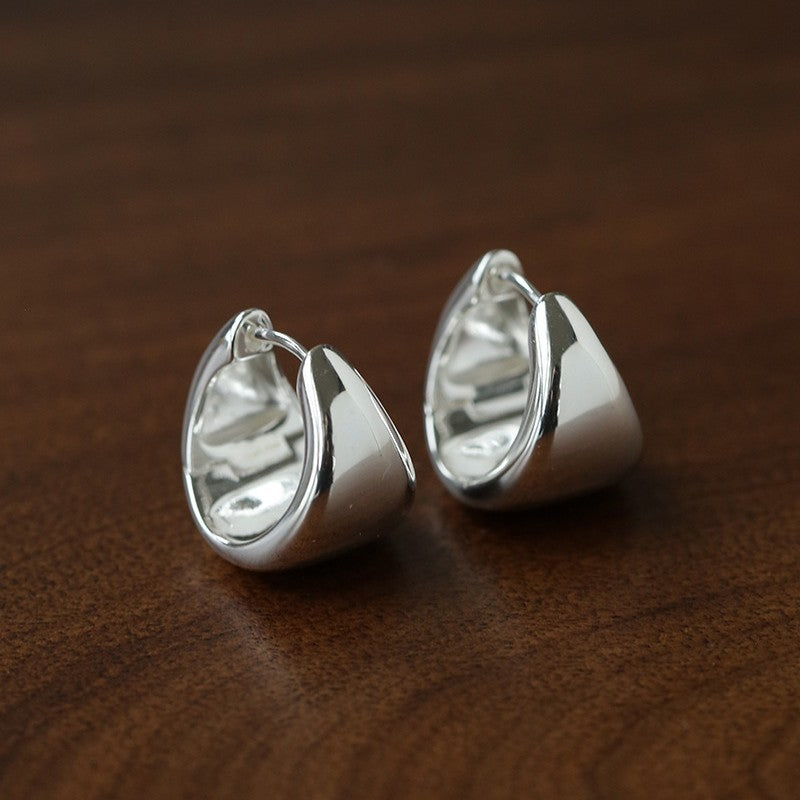 French Sculptural Triangular Huggie Earrings - Sleek 925 Sterling Silver Wide Hoop