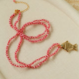 Natural Stone Bead / Plain Metal Chain Gold Fish Pendant Long Necklace