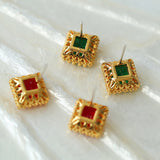 Retro Square Red and Green Zircon Earrings