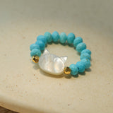 Colorful White Shell Cat‑Head Stretch Beaded Ring