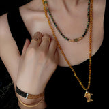 Natural Stone Bead / Plain Metal Chain Gold Fish Pendant Long Necklace