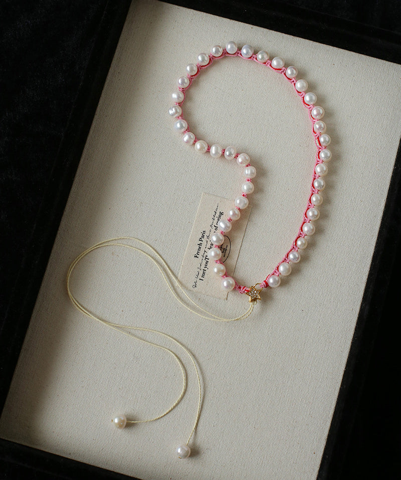 Luminous Star Adjustable Cord Pearl Necklace - Hand-Woven Floating Freshwater Pearl Choker