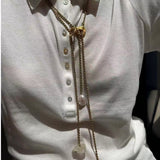 Adjustable Pull Texture Gold Hoop Double Baroque Pearl Y-Lariat Long Necklace