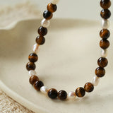 Small  Tiger Eye & Pearl Beaded Necklace