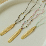 Hand‑Strung Micro‑Bead Hammered Bar Pendant Long Necklace