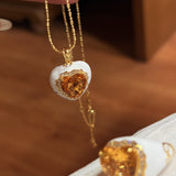 French Vintage Heart Citrine Pendant Necklace - Handcrafted 18K Gold Plated S925 Silver Choker