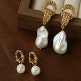 Vintage Lava Textured Double Interlock Ring Pearl Drop Earrings