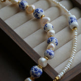 Blue and White Porcelain Freshwater Pearl Beaded Bracelet | Oriental Minimalist Luxury Jewelry