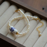 Blue and White Porcelain Freshwater Pearl Beaded Bracelet | Oriental Minimalist Luxury Jewelry