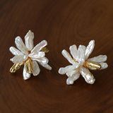 French Natural Toothpick Baroque Pearls Flower Earrings