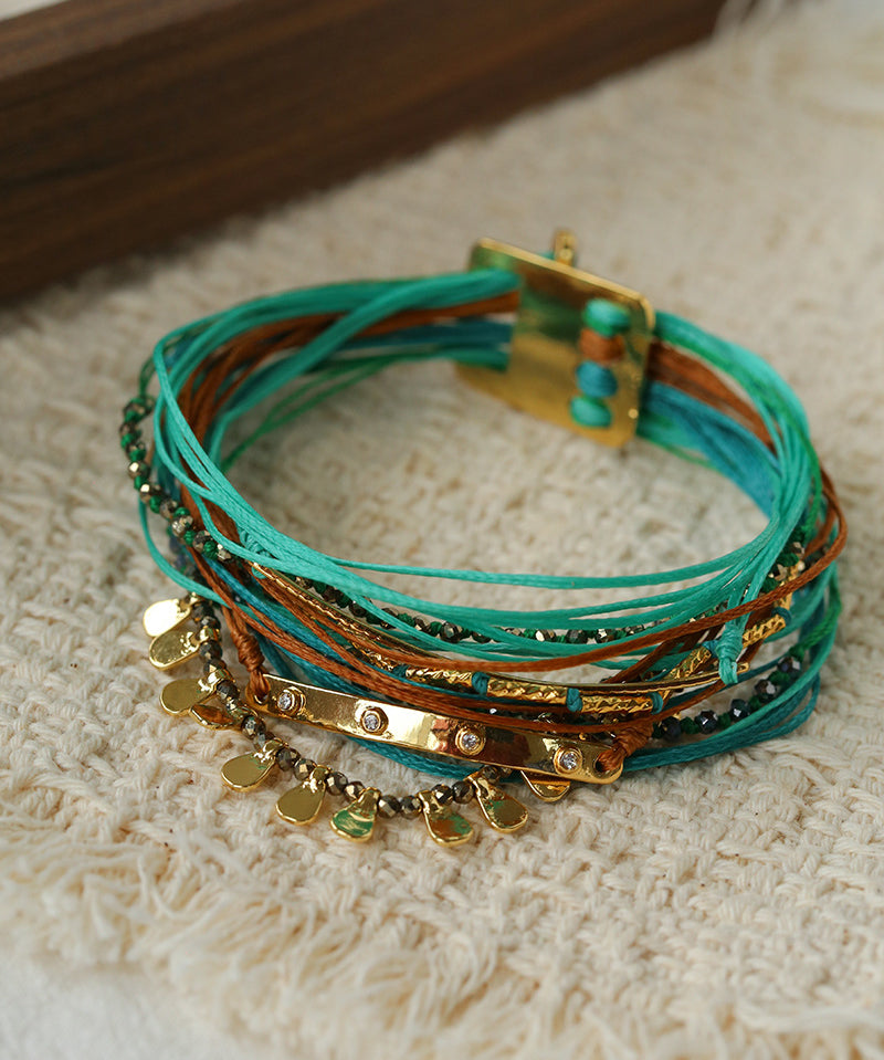 Multi-Strand Boho Woven Cord Natural Stone Coin Bracelet