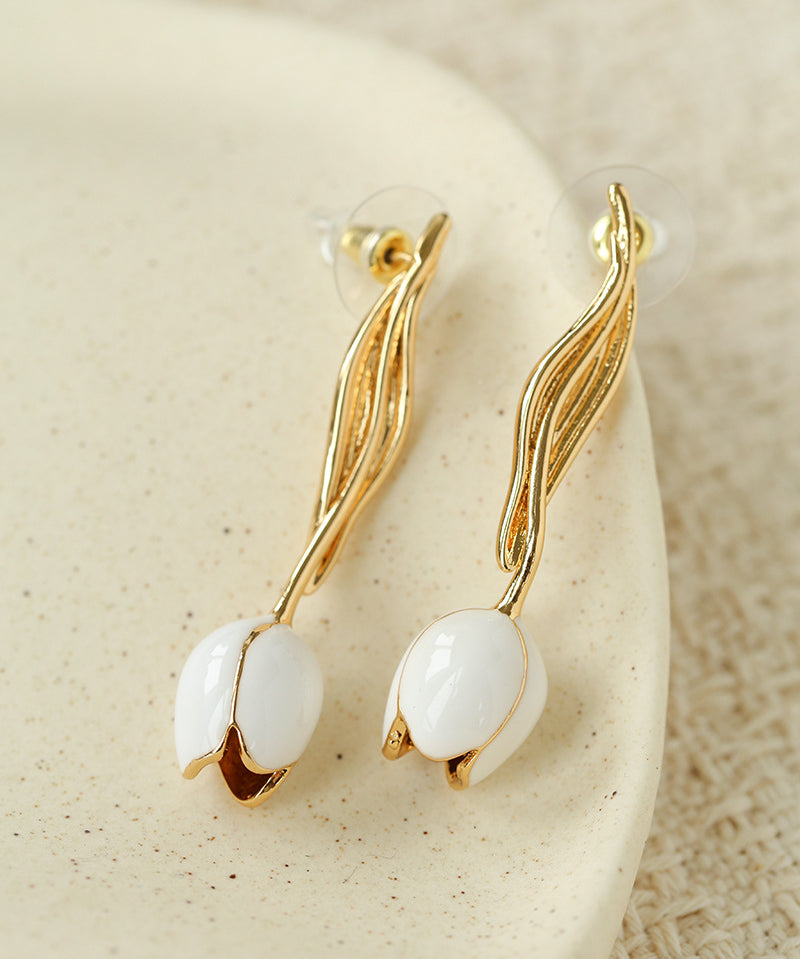 Romantic Enamel Tulip Drop Earrings - Vintage 18K Gold Floral Dangle Studs