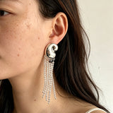Sculptural Mirror Silver Conch Long Tassel Earrings