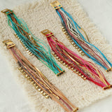 Multi-Strand Boho Woven Cord Natural Stone Coin Bracelet