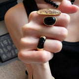 Art Design Rutilated Quartz Black Onyx Open Adjustable Ring