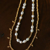 Smooth Freshwater Pearl Crinkled Gold Collarbone Necklace
