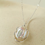 Hollow Lace Frame Baroque Pearl Pendant Necklace - Silver