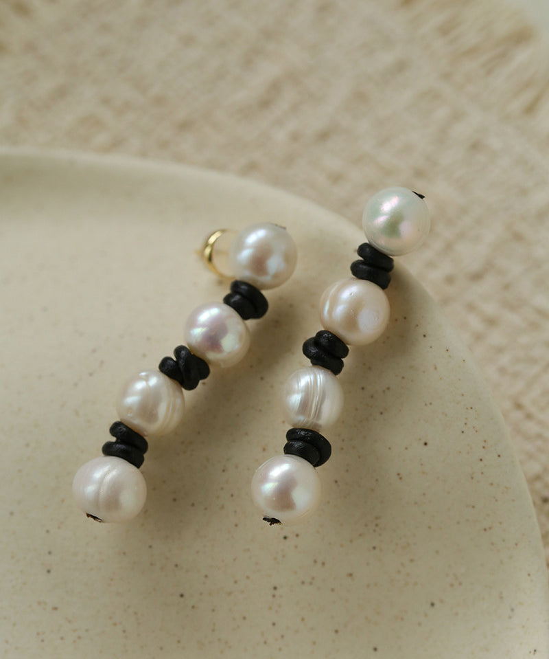 Natural Pearl Knotted Leather Earrings