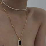 Rectangular Black Onyx Pendant Layering Necklace