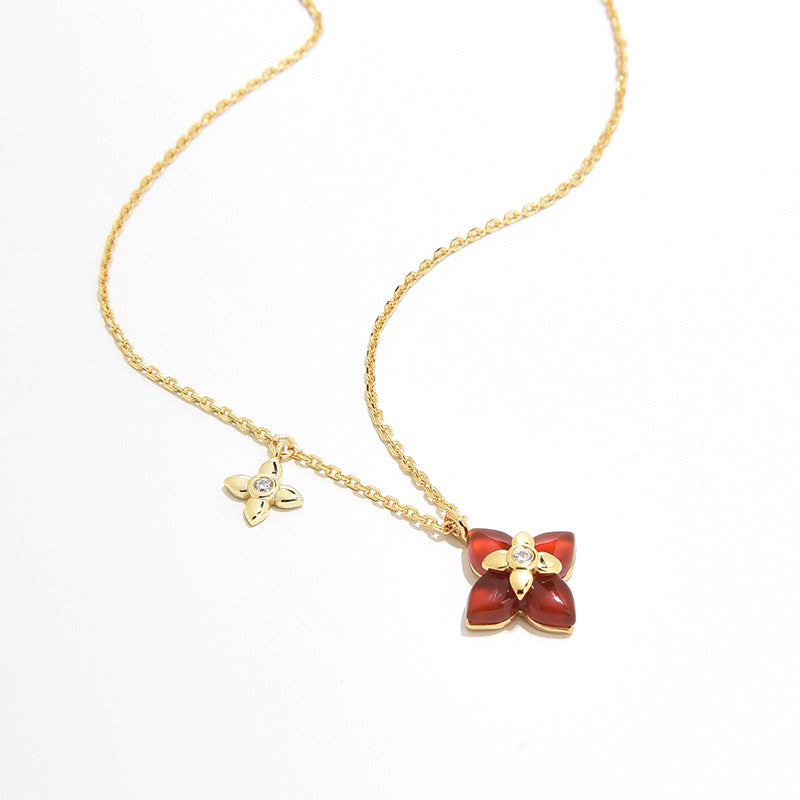 French Vintage Four-Leaf Natural Stone Necklace